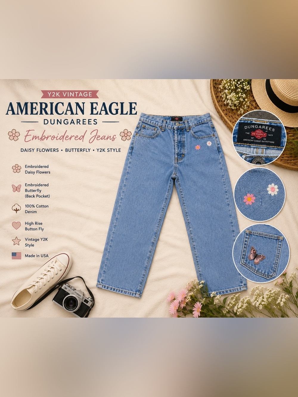 Vintage Y2K American Eagle Dungarees Embroidered Daisy Butterfly Jeans W2 30x28